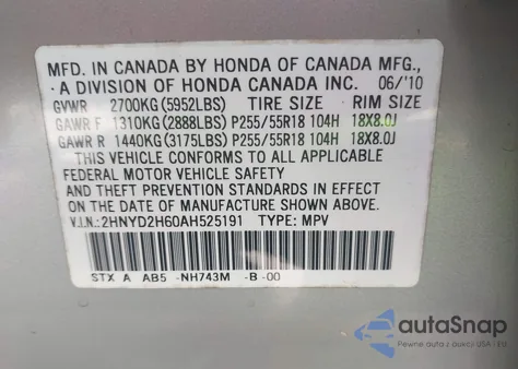 2010 Acura Mdx Technology Package from USA, damaged, VIN 2HNYD2H60AH525191